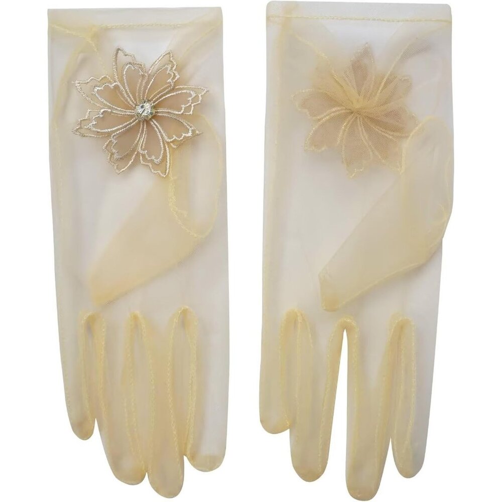 Women's Floral Champagne Diamond Flower Gloves Tulle Tea Opera Party Elegant - Picture 3 of 6